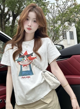 韩系女生小猫印花短袖T恤女2026夏季新款圆领设计感独特漂亮上衣