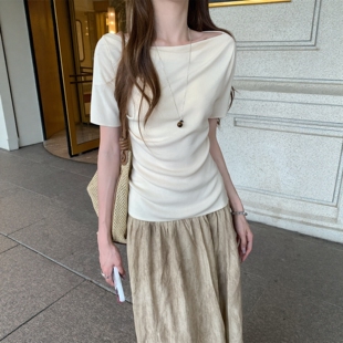 夏季 法式 温柔风一字领褶皱针织衫 女短袖 显瘦纯欲露肩荡领上衣 修身