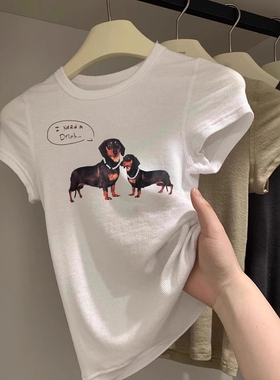 美式高街腊肠狗印花短袖t恤女夏季修身正肩独特别致上衣2026新款