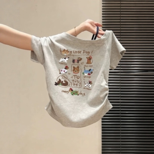 韩系辣妹卡通风小狗印花斜肩短袖 褶皱收腰遮肚子小上衣 T恤女夏季