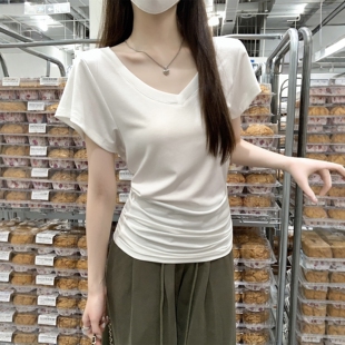 韩系莱赛尔天丝薄款 T恤女夏季 新款 2026超火减龄上衣女 白色v领短袖