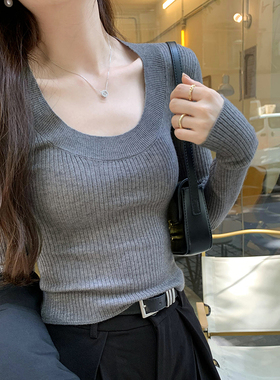 温柔风韩系u领针织打底衫女秋冬季高级感低领修身内搭毛衣小上衣