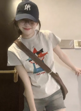 花灰色短袖T恤女夏季新款2026卡通印花显瘦遮肉百搭美式正肩上衣