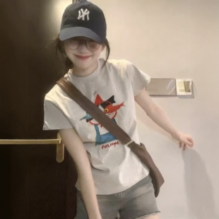 花灰色短袖 新款 2026卡通印花显瘦遮肉百搭美式 正肩上衣 T恤女夏季