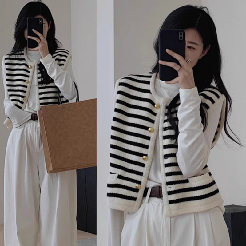 小香风黑白条纹无袖针织马甲外套