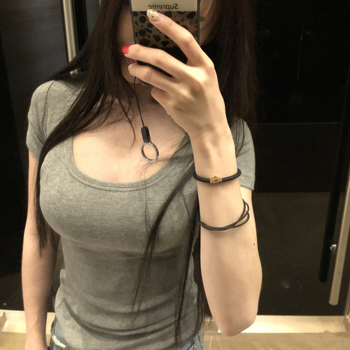 夏季大U领纯棉螺纹显胸T恤女