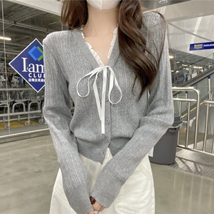 减龄上衣打底毛衣女内搭 女短款 春秋季 甜美少女风系带V领针织开衫