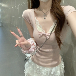 短袖 夏季 韩系穿搭纯欲风方领上衣短款 蝴蝶结可叠穿甜妹针织衫 女装