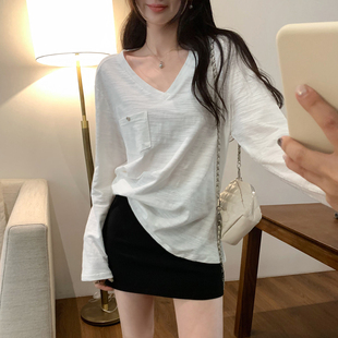 纯棉内搭打底衫宽松慵懒风薄款长袖T恤女春夏季2026新款V领上衣女