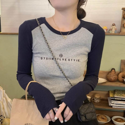 美式复古正肩长袖t恤女撞色内搭