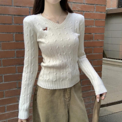 韩系学院风V领麻花针织衫女