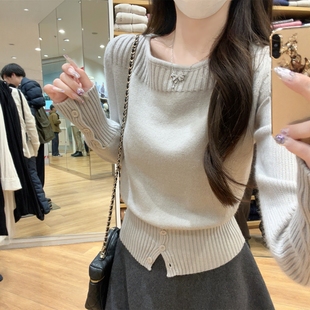 女坑条纽扣打底毛衣女内搭 方领针织衫 秋冬季 韩系温柔风设计感修身