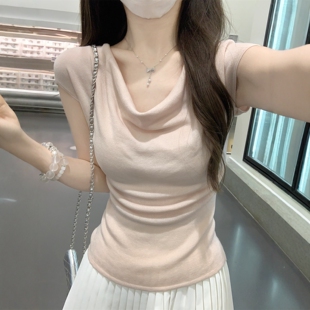 短袖 法式 漂亮小上衣 新款 显瘦2026夏季 温柔风纯欲荡领针织衫 女修身