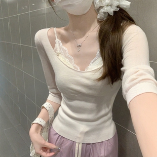 女短款 夏季 上衣 打底内搭针织衫 设计感 温柔风修身 方领纯欲五分袖