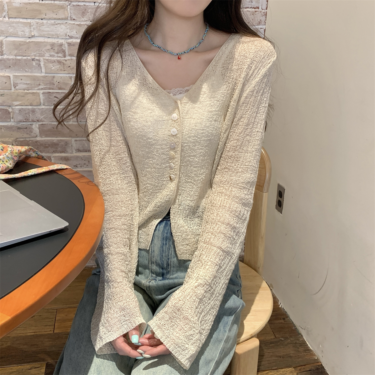 镂空薄款开衫夏季韩版v领气质百搭仿亚麻长袖防晒针织上衣外搭女