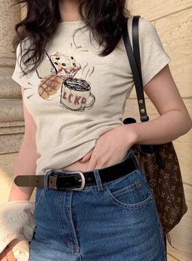 美式复古纯棉正肩t恤女短袖夏季设计感修身短款辣妹上衣2026新款