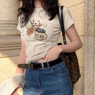 辣妹上衣2026新款 美式 短款 设计感修身 复古纯棉正肩t恤女短袖 夏季