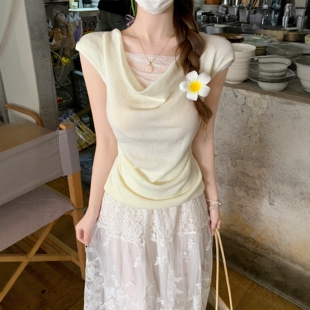 女夏季 蕾丝拼接套头褶皱独特漂亮上衣 温柔风假两件荡领针织衫 法式