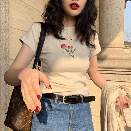 夏季新款港风修身显瘦短袖T恤女