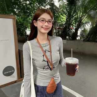 女内搭春秋季 美式 百搭打底衫 T恤女灰色修身 上衣 复古小猫印花长袖