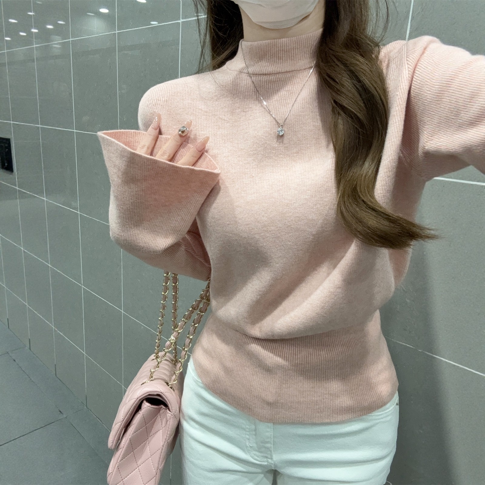 甜美风粉色半高领针织衫女喇叭袖修身内搭毛衣女打底衫春秋季上衣,女装/女士精品,毛针织衫,淘宝优惠券,粉丝福利购,淘宝优惠卷