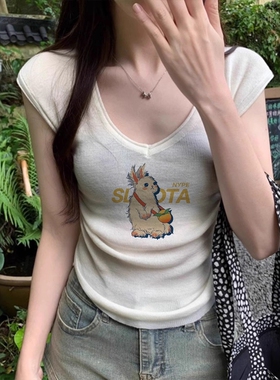 白色针织短袖t恤女装2026新款夏季法式v领掐腰修身小个子短款上衣