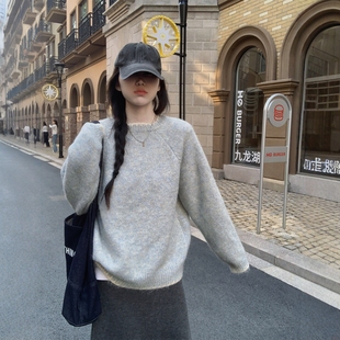 秋冬季 加厚套头毛衣女打底内搭 韩系温柔风软糯宽松插肩圆领针织衫