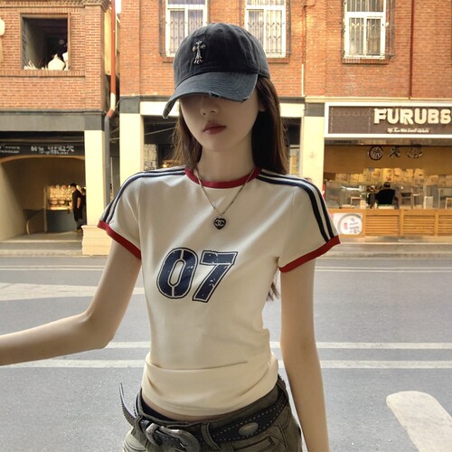 夏季韩系修身撞色数字印花T恤女