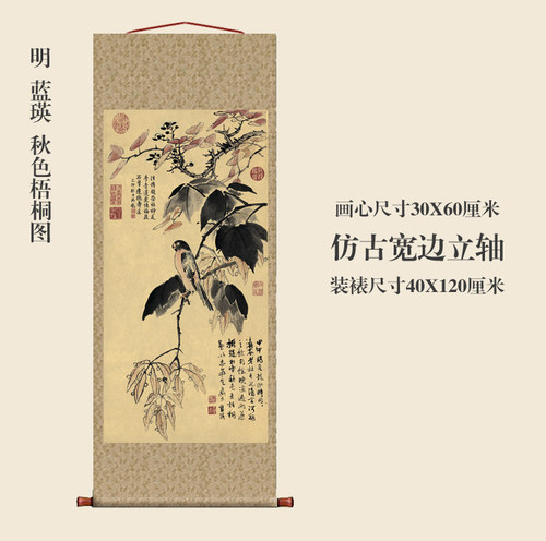 明 蓝瑛 秋色梧桐图 仿古画名画真迹复制品挂轴古代卷轴花鸟画