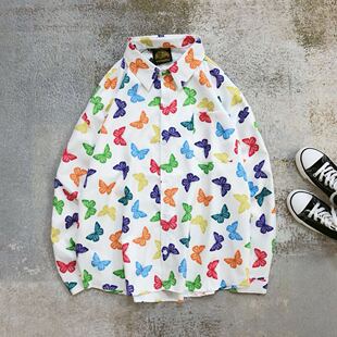 ins春秋韩国ulzzang长袖衬衫男街头复古宽松蝴蝶花色情侣衬衣外套