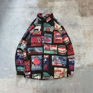 日系韩国ulzzang嘻哈宽松长袖衬衫男青年涂鸦卡通休闲花衬衣港味