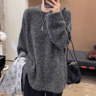 满天星闪闪羊毛灰色加厚圆领中长款遮屁股毛衣亮片宽松大码女新款