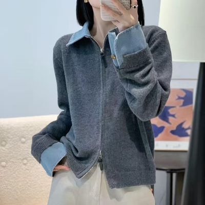 欧洲站牛仔领拼接灰色秋冬针织衫毛衣加厚外套好看新款上衣开衫女