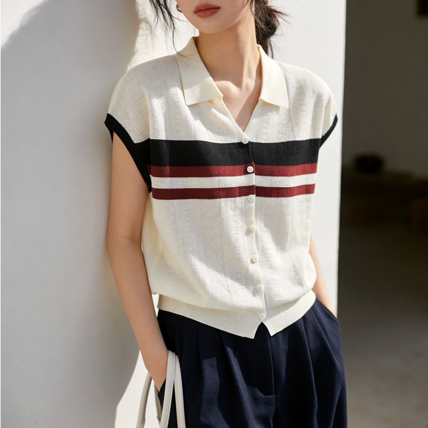 韩系莱赛尔天丝夏季新款polo领条纹休闲薄款针织衫短袖T恤女装