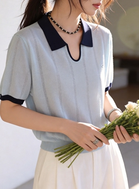 超漂亮高品质莱赛尔天丝夏季新款针织T恤polo领浅蓝色上衣短袖女