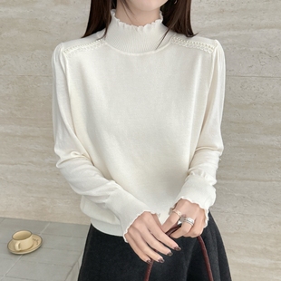 本店实拍&欧货细羊毛半高领花边毛衣女宽松气质打底衫 秋冬白纯色