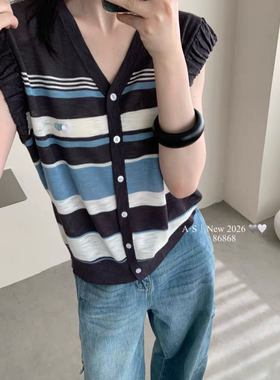 韩系竹节麻夏季新款花边飞飞袖蓝色拼色v领开衫短袖针织T恤上衣女