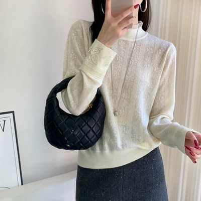 本店实拍&甜美风蕾丝花边钉珠毛衣半高领宽松羊毛打底衫秋冬上衣