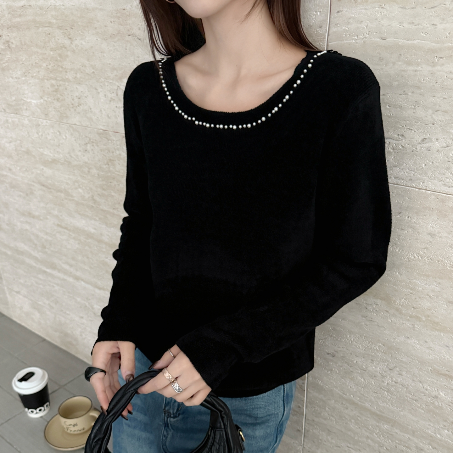 不起球精品天鹅绒露背蕾丝性感圆领保暖打底衫针织毛衣圆领钉珠女