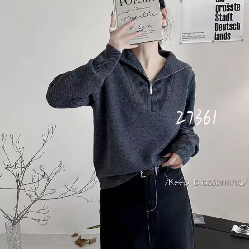 欧货2025秋冬新款羊毛加厚半开领海军领上衣打底纯色拉链毛衣女装