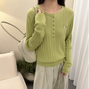 绿色针织上衣女装 新款 2026春装 欧洲站高端细羊毛麻花圆领刺绣长袖