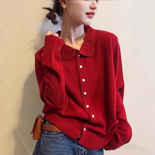 100%纯羊毛衫高端花边蕾丝领新年圣诞款红色开衫外套毛衣上衣女装