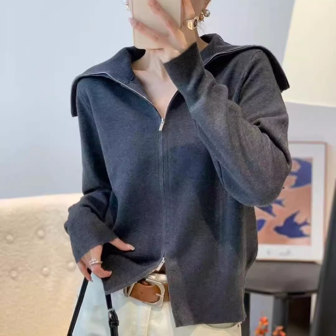 欧货细羊毛秋冬新款大翻领拉链开衫外套设计针织毛衣休闲韩版女装