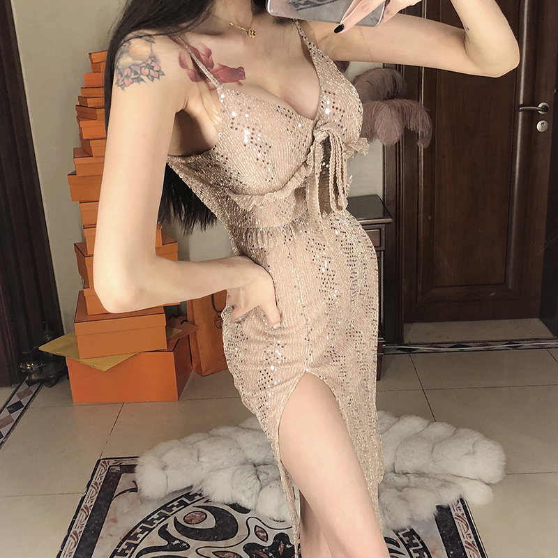 不包邮夜店性感v领低胸吊带中长款连衣裙