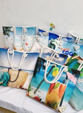 外贸新品沙滩包韩版亚麻海边单肩包简约时尚帆布包民族风草编斜挎