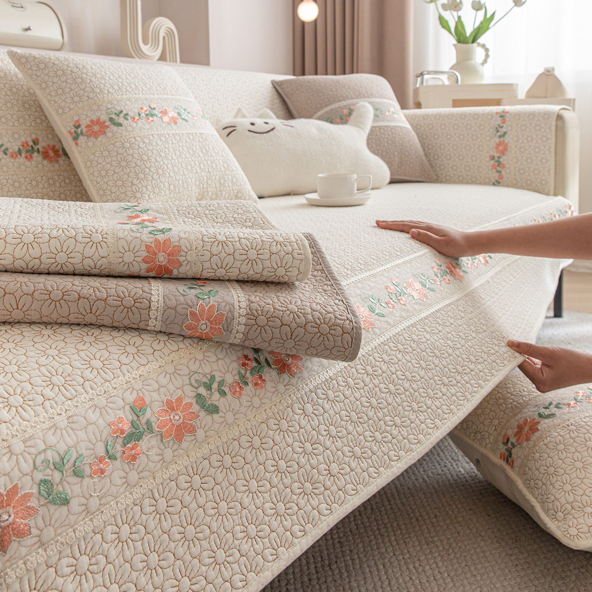 韩单纯棉沙发垫四季通用布艺防滑沙发套罩沙发巾田园奶油风沙发坐,居家布艺,沙发垫,淘宝优惠券,粉丝福利购,淘宝优惠卷