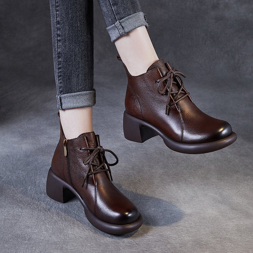 头层软牛皮真皮粗跟马丁靴女舒适