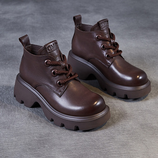 秋冬短靴小个子增高裸靴皮鞋 牛皮马丁靴女英伦风厚底粗跟2025新款