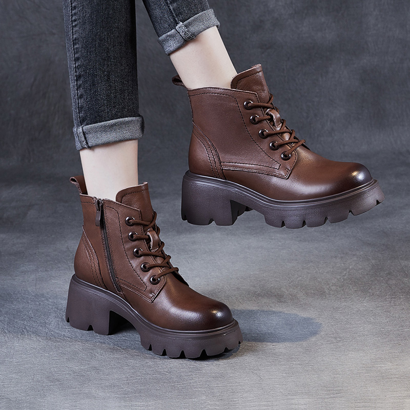 软底棕色真皮爆款马丁靴女款高跟