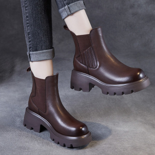 头层牛皮马丁靴女粗跟厚底2025新款 小个子增高切尔西短靴 秋冬爆款